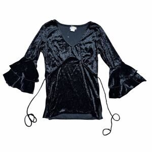 Zoey Beth Velvet Bell Sleeve Vintage Whimsy Goth Top with Tie Black Size M